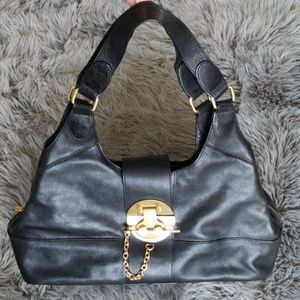 Perlina NY Black Leather Purse w Gold Lock